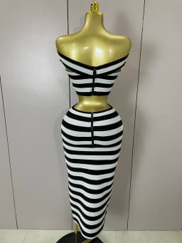 Sexy Off Shoulder Striped Button Two Piece Mini Bandage Set 2025 Women Celebrity Designer Evening Party Luxury Birthday Outfit