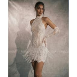 Rebecca Customized Halter Neck Long Lace Gloves Prom Dress Sheath Mini vestidos de noche Sheer Lace Panels Evening Dresses 2026