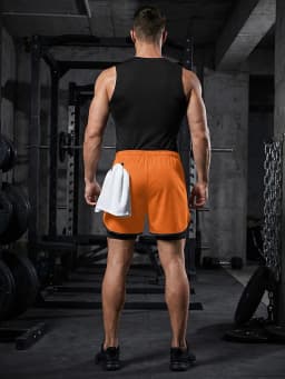 Men's Workout Running Athletic Clothing Set Sleeveless Compression Shirt Tank Top 2-in-1 Gym Shorts with Phone Pocket Towel Loop