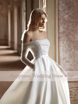 Customized Shimmering Sequin Wedding Dress Off-the-Shoulder Long Sleeves Shiny Satin Bridal Gown Features Pockets Sweep Train