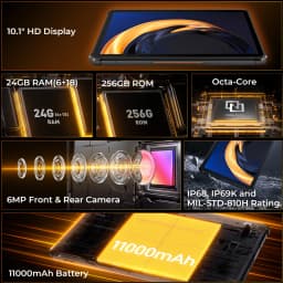 OUKITEL RT9 Rugged Tablet - 10.1" HD Display, 24(6+18)GB+256GB, IP68 IP69K Waterproof, 11000mAh Battery Android 14 Tablet PC