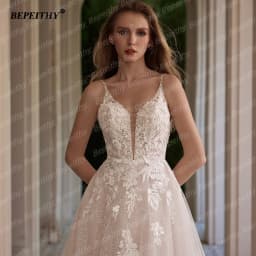 BEPEITHY Customized Sexy Backless A Line Wedding Dresses Sleeveless Women V Neck Glitter Boho Court Train Lace Bride Bridal Gown