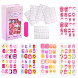 120pcs/box Pink Cartoon Children Press On Nails Candy Color Unicorn Cat Bunny Kids Full Cover False Nail Girls Party Nail Decora