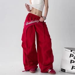 Y2K Red Patchwork Parachute Chic Pants Women Autumn Loose Streetwear Wide Leg Pants Female Hip Hop All Match Straight Trousers