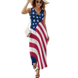 American Flag Dress Patriotic Flag Star Design Boho Beach Long Dresses V Neck Print Maxi Dress Korean Fashion Clothes Oversize