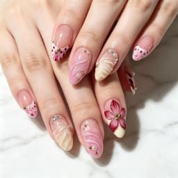 10Pcs 3D Flower Gold Beads Handmade Press On Nails Nude Pink French Almond Fake Nail M/S/XS Artificial Wearable False Fingertips