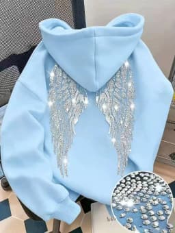 Leisure Spring and Autumn Sweater Wing Print and Hot Rhinestone Two Styles Women's Long-sleeved Pullover Hoodie