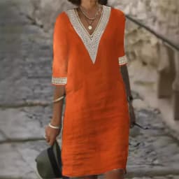 Retro Solid Color Hollow Out V-neck Half Sleeve Women Dress Vintage Streetear Clothing Cotton Linen Loose Dress Spring Summer