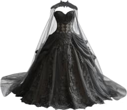 Gothic Weeding Dresses for Brides Black Lace Applique Bridal Dresses Embroidery Tiered Tulle Wedding Gowns with Cape