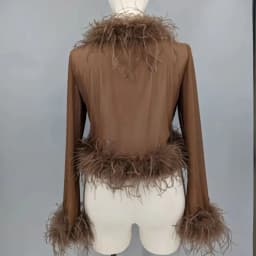 Women See-Through Top with Real Ostrich Feather Brown Black Cropped Jacket Top Bolero 240711