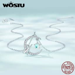 WOSTU 925 Sterling Silver Cute Cat Moon Pendant Necklace For Women, reamy Moonstone Zircon Charm Necklaces Special Gift For Her
