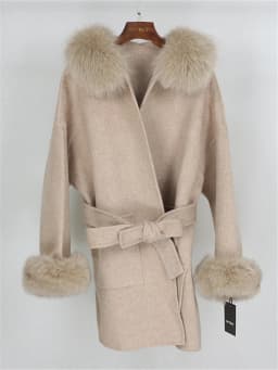 OFTBUY New Oversize Loose Cashmere Wool Blends Real Fur Coat Winter Jacket Women Natural Fox Fur Collar Hood Outerwear Belt