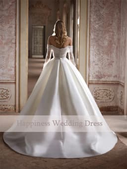 Customized Shimmering Sequin Wedding Dress Off-the-Shoulder Long Sleeves Shiny Satin Bridal Gown Features Pockets Sweep Train