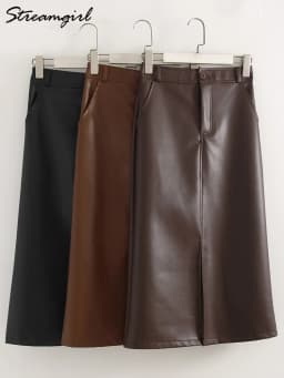 Long Leather Skirts For Women Brown High Quality PU Midi Bodycon Skirt Front Split High Waist Women's Leather Skirt Black Midi