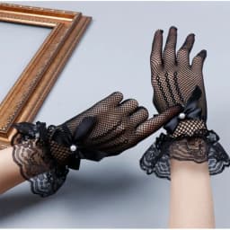 New 1pair Bride Stretchy Fishnet Lace Gloves Five-finger Hollowout Gloves with Lace Bow Tie Pearls Lolita Gloves Wedding
