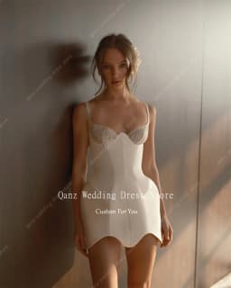 Qanz Modern Mini Wedding Dress Spaghetti Straps Satin Short Robe De Mariée Lace Sweetheart Vestido De Novia Boda Customized