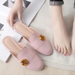 Lady Gold Metal Slides Round Toe Microfiber Soft Bottom For Tender Feet Wide Fits Beige Pink Fashionable Shoes For Summer 44-33