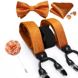 Luxury White Men's Suspenders Adjustable 6 Clips Braces DiBanGu Leather Metal Pre-Tied Bow Tie Brooch Pocket Square Set