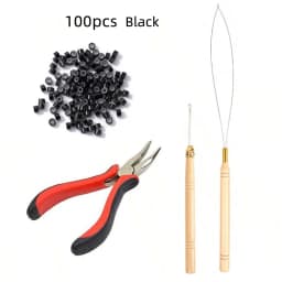 Hair Tinsel Beads Kit with Plier Hook Needle Tool 100 Silicone Micro Beads Loop Needle Threader Pulling Hook Bead Device