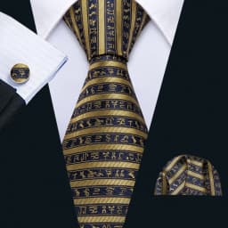 Barry.Wang Dark Gold Men Tie Silk Stripe Pocket Square Cufflinks Sets Formal Woven Neckties Business Party Designer Gifts 5702