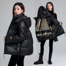 Black Thickened Cotton Jacket Hooded Unisex Short Size Large Loose Winter Coat Men's Women's Spring 2026 Chinese Brand