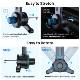 TOPK Car Phone Mount Holder, 3-Point Support 360° Rotating Extended Arm Metal Hook Superior Stability Phone Holder for Car Cars