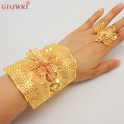 France Luxury Chain Cuff Bangle & Ring For Women Dubai Gold Color Indian Moroccan Big Bracelet Jewelry Arabic African Wedding