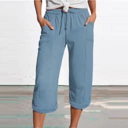 Women 3/4 Muslin Trouser Lightweight Linen Pants With Pockets Causal Loose Capri Trousers Elastic Comfortable Fabric Bottom