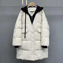 Schinteon Women White Duck Down Over Size Jacket Autumn Winter Warm Casual Outwear with Hood Fake Two Pieces Patchwork Coat 2023