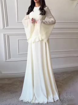 Women Solid Ruffle Chiffon Long Dress Elegant O-Neck Flare Sleeve Slim Maxi Dress 2026 New Lady Wedding Guest Evening Party Robe