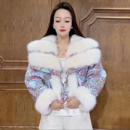 Outcoat The New Fur Cotton-padded Jacket Features Heavy Sequins Outerwear Sweet Faux Leather and A Stylish Thickened Fur Coat