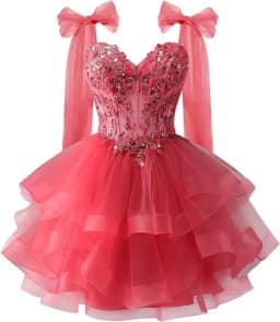 Bow Shoulder Strap Layered Chiffon Dress Starry Lace Three-dimensional Decal Youth Short Dance Sequin Dress Customized