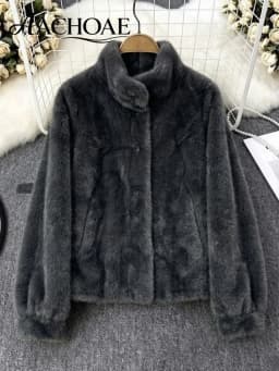 AACHOAE Women Faux Fur Jacket Winter Coat Stand Collar Long Sleeve Snap Button Warm Loose Casual Elegant Outerwear