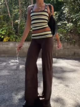 Women's Two Piece Outfit Striped Ribbed Crop Tank Top Brown Low Waist Flare Pants Y2k Sleeveless Wide Leg Trousers Matching Set