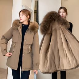 Women's Fleece Lined down Parka Coat Thickened Winter Jacket Korean Style Long Sleeve Zipper Closure Cotton Blend Duck Feather