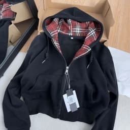 American Vintage Plaid Patchwork Zip Up Hoodie for Women Autumn Winter Loose Casual All Match Cardigan Jacket Women Y2k Top