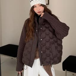 Korean Cable Knit Sleeve Spliced Padded Jacket 2026 Winter Stand Collar Warm Puffer Jacket Women All Match Casual Quilted Parkas