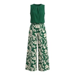 2-Piece Dark Green Round Neck Pleated Sleeveless Top Baroque Floral Print Wide Leg Pants Luxury Feel Women Office Commute Outfit