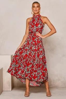 Women's Halter Neck Maxi Dress - Floral Print Boho Chic Smocked Waist Summer Beach Dress for Vacation Casual Wear