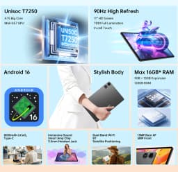 Teclast P50T Tablet Set Tablet 11 Inch Unisoc T7250 Android 16 90HZ Refresh Rate Tablets Octa-Core Max 16GB RAM 128GB ROM 8000mAh Battery Lightweight