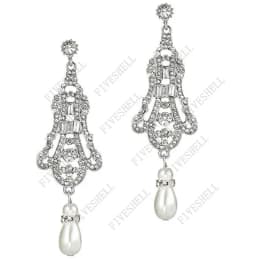 1920s Art Deco Antique Vintage Flapper Style Jet Black Rhinestone Extra Long Dangle Earrings Pearl Earrings Jewelry for Women