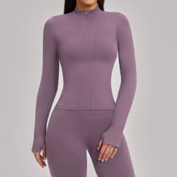 Women's Seamless Long Sleeve Yoga Top Ribbed High Neck Full Zip Slim Fit Sports Jacket Thumb Hole Workout Gym Running Activewear