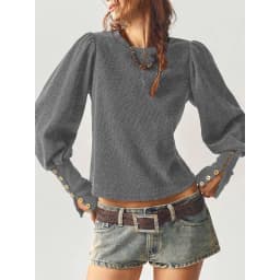 Women Autumn Winter Waffle Knit Sweatshirt Solid Long Sleeve Button Cuff Cropped Top Vintage Loose Casual Warm Pullover Blouse
