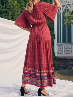 Elegant Casual Long Dress Boho Print Design Short Sleeve V Neck Summer Dress For Women 2024 Fashion