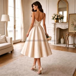 Customized Wedding Dress Midi Beige Satin Bead Spaghetti Strap Wedding Gowns for Women 2026 Bride Tea Length A Line Bridal Gown