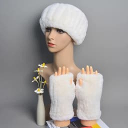 One Set Women Real Rex Rabbit Fur Cuff+Headband Winter Warmer Hat Arm Wrist Sleeve Gloves Female Real Fur Cap+Elastic Wristband