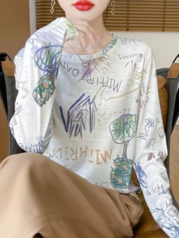 2025 New Summer Thin Silk Knitted Short-sleeved T-shirt Women's Sleeveless Wool Loose Printed T-shirt