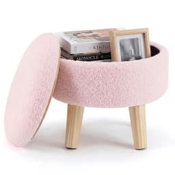 JHK Round Storage Ottoman Stool Teddy Velvet Padded Seat Footstool with Hidden Storage Wood Legs for Living Room Bedroom