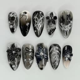 24Pcs Y2k Almond Acrylic Nails Full Cover 3D Diamond Black Nail Art Sweet Cool French Wearable Fake Nail Manicure Tips for Girls