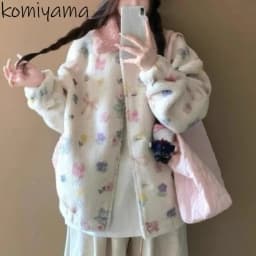 Lamb Fur Print Jacket New Coats & Jackets Autumn Winter 2026 Outerwears Lapel Long Sleeve Chamarras Korean Style Clothes Woman